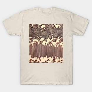 SWIRLS ,LEAVES AND STRIPES Ivory Sepia Brown Geometric Japanese Floral T-Shirt